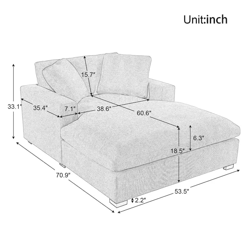 53.5" Chaise Lounge Chair With Solid Wood Legs And Comfort Pillows