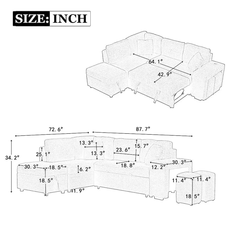 Roomfitters Convertible Sleeper Sectional Sofa Bed With Storage Ottoman, Two Throw Pillows, Two Stools, Wireless Charger