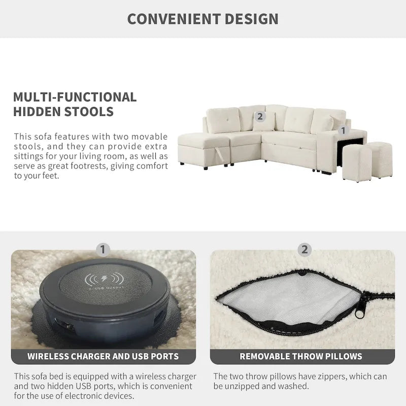 Roomfitters Convertible Sleeper Sectional Sofa Bed With Storage Ottoman, Two Throw Pillows, Two Stools, Wireless Charger