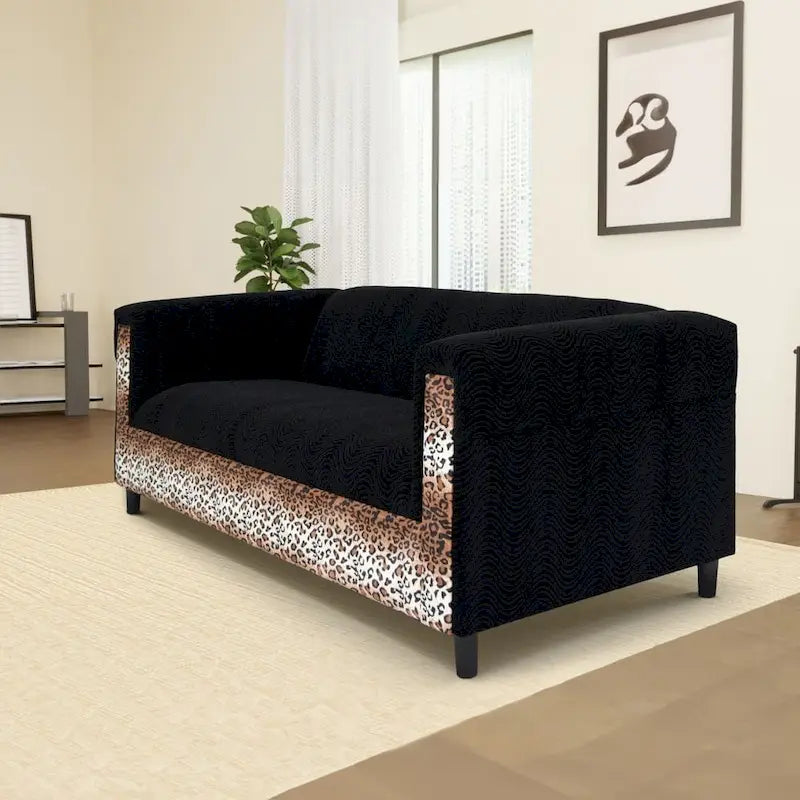 Coast To Coast Sofas Mid Century Modern 3 Seater Sofa Velvet Solid Wood Frame Upholstered - Leopard Black