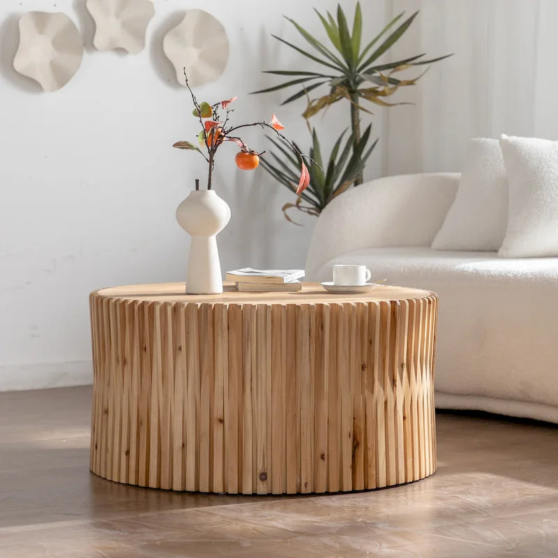 Retro Fashion Style Cylindrical Coffee Table With Vertical Texture Relief Design - Natural-20.47(l)*20.47(w)*24.02(h)