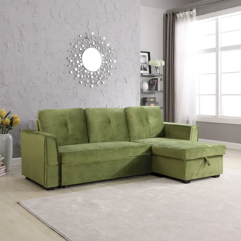 91" Wide Velvet Storage Sectional Reversible Sleeper Sofa & Chaise - Green