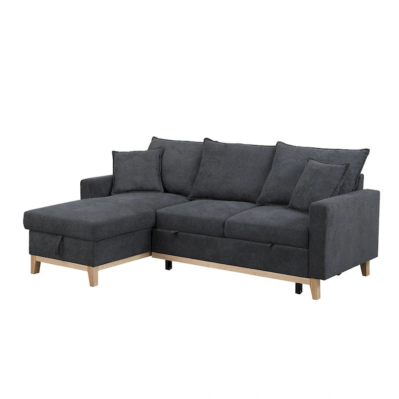 Woven Reversible Sleeper Sectional Sofa With Storage Chaise, Dark Gray - REVERSIBLE / Dark Gray