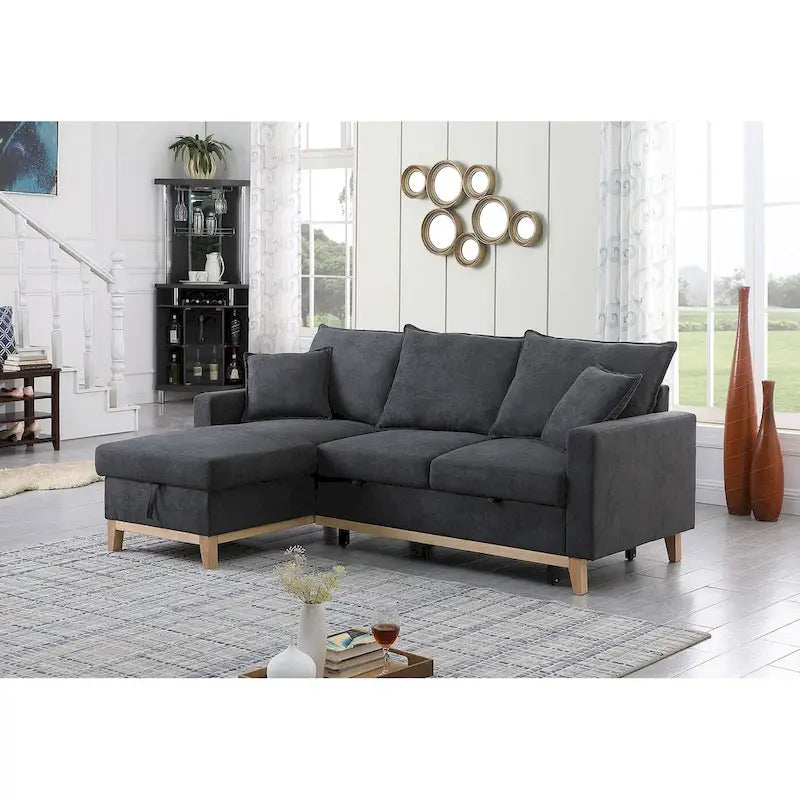 Woven Reversible Sleeper Sectional Sofa With Storage Chaise, Dark Gray