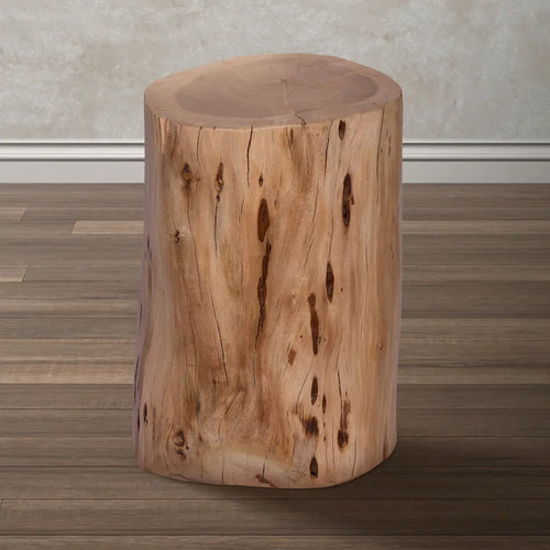 17 inch Accent Stump Stool End Table, Live Edge Acacia Wood Log With Grain And Knot Details, Natural Brown