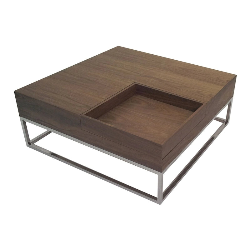 Rina 35 inch Coffee Table, Removable Square Wood Tray, Storage, Steel Base - VENEER / Walnut Brown, Chrome