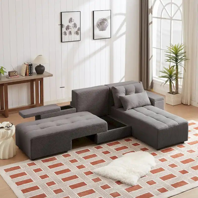 Modular Corduroy Sleeper Sofa & Sectional Set,grey, 3 - in - 1 Design
