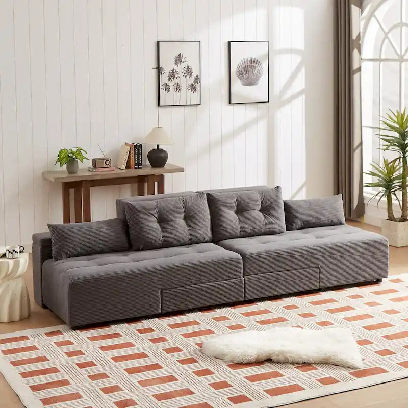 Modular Corduroy Sleeper Sofa & Sectional Set,grey, 3 - in - 1 Design