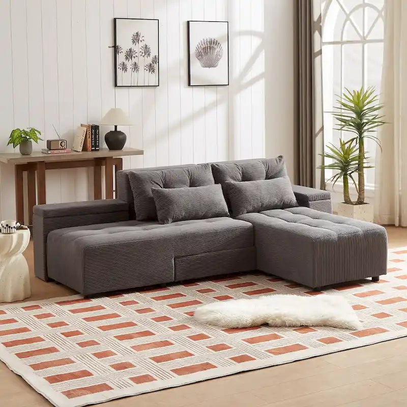 Modular Corduroy Sleeper Sofa & Sectional Set,grey, 3 - in - 1 Design